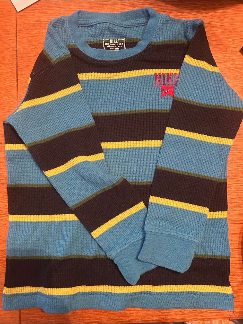 Nike Blue, Black & Yellow Striped Kids Long Sleeve Shirt